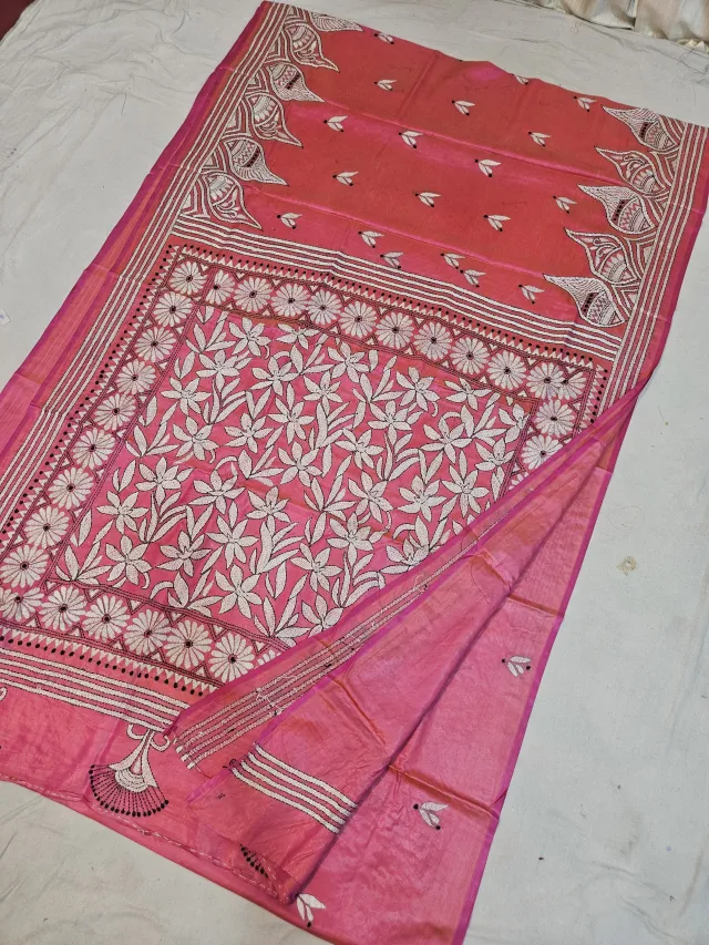 Rose Pink Blended Bangalore Silk Kantha Stitch Saree with Blooming Floral Jaal & Daisy Border Pallu