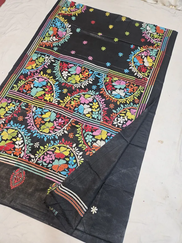 Jet Black Blended Bangalore Silk Kantha Stitch Saree with Multicolored Scalloped Floral Arches & Multi-Tiered Pallu
