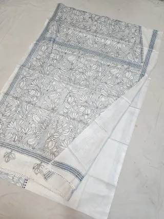 Off-White Blended Bangalore Silk Kantha Stitch Saree with Ice Blue Birds in Foliage Tree of Life Pallu