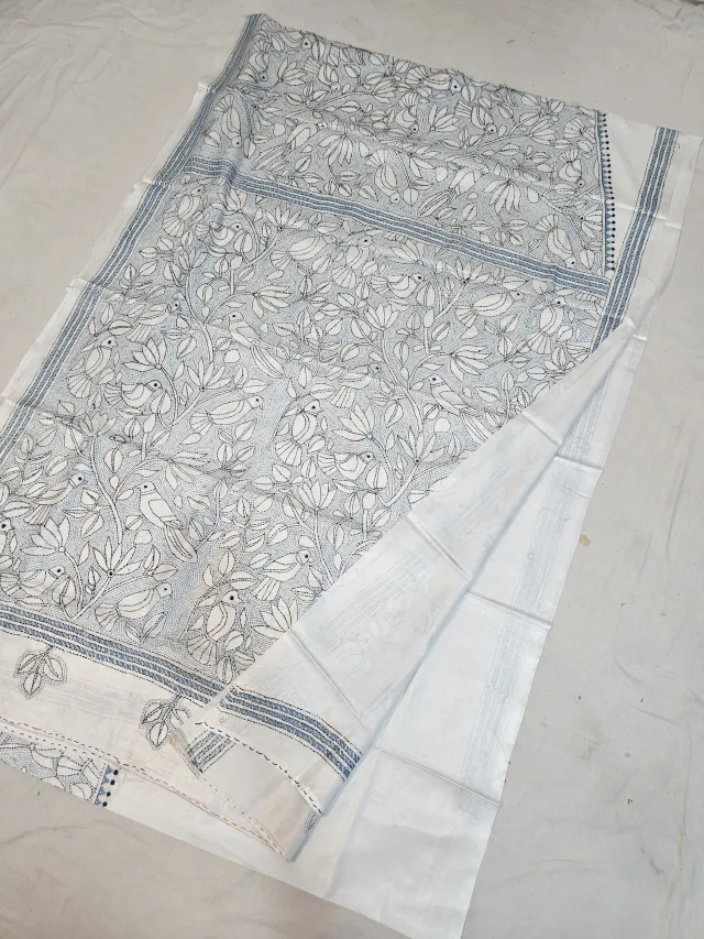 Off-White Blended Bangalore Silk Kantha Stitch Saree with Ice Blue Birds in Foliage Tree of Life Pallu