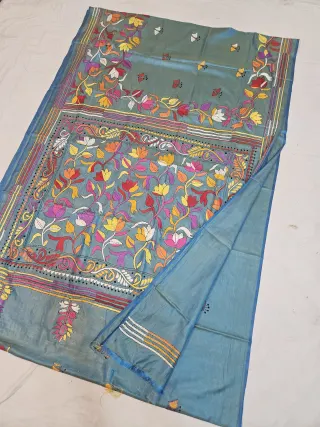 Slate Blue Blended Bangalore Silk Kantha Stitch Saree with Multicolored Blooming Floral Jaal & Kalka Pallu