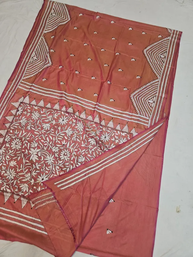Peach Terracotta Blended Bangalore Silk Kantha Stitch Saree with Blooming Floral Jaal & Chevron Temple Pallu