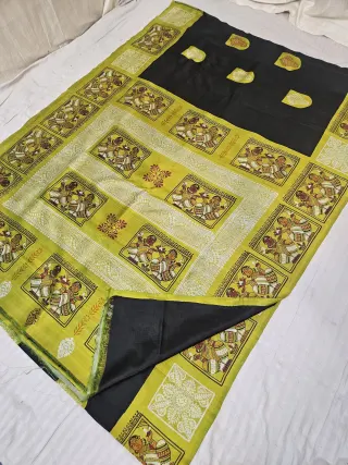 Jet Black & Lemon Yellow Pure Bishnupur Katan Silk Saree with Jamini Roy Folk Art Print & Woven Kalka Butas