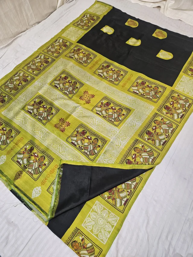 Jet Black & Lemon Yellow Pure Bishnupur Katan Silk Saree with Jamini Roy Folk Art Print & Woven Kalka Butas