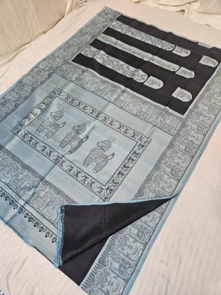 Jet Black & Ice Blue Pure Bishnupur Katan Silk Saree with Jamini Roy Folk Animal & Village Narrative Print