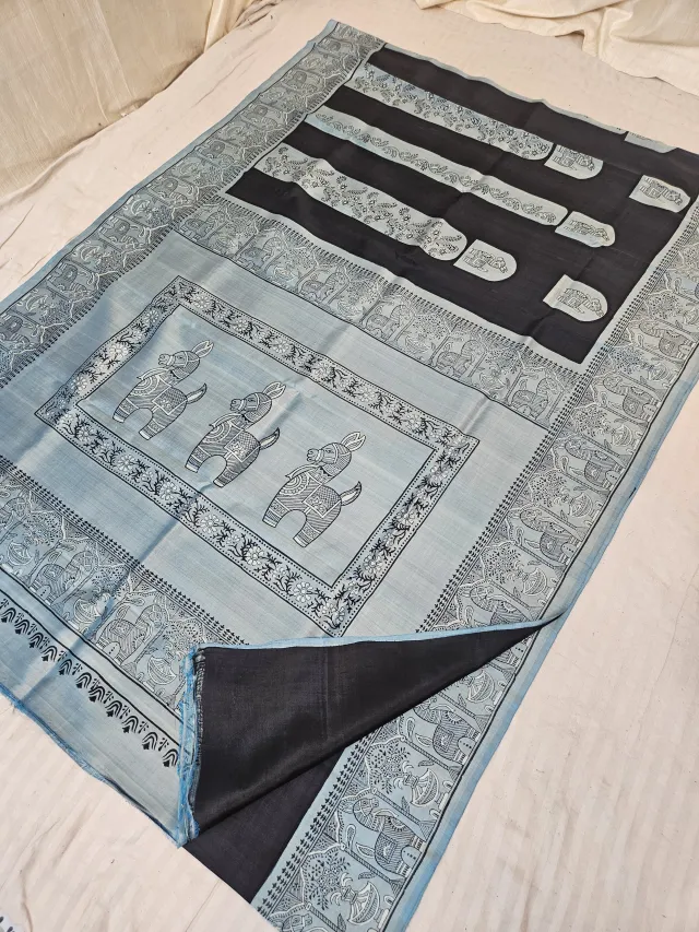 Jet Black & Ice Blue Pure Bishnupur Katan Silk Saree with Jamini Roy Folk Animal & Village Narrative Print
