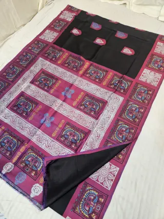 Jet Black & Magenta Plum Pure Bishnupur Katan Silk Saree with Jamini Roy Folk Bird Art Print & Woven Kalka Butas