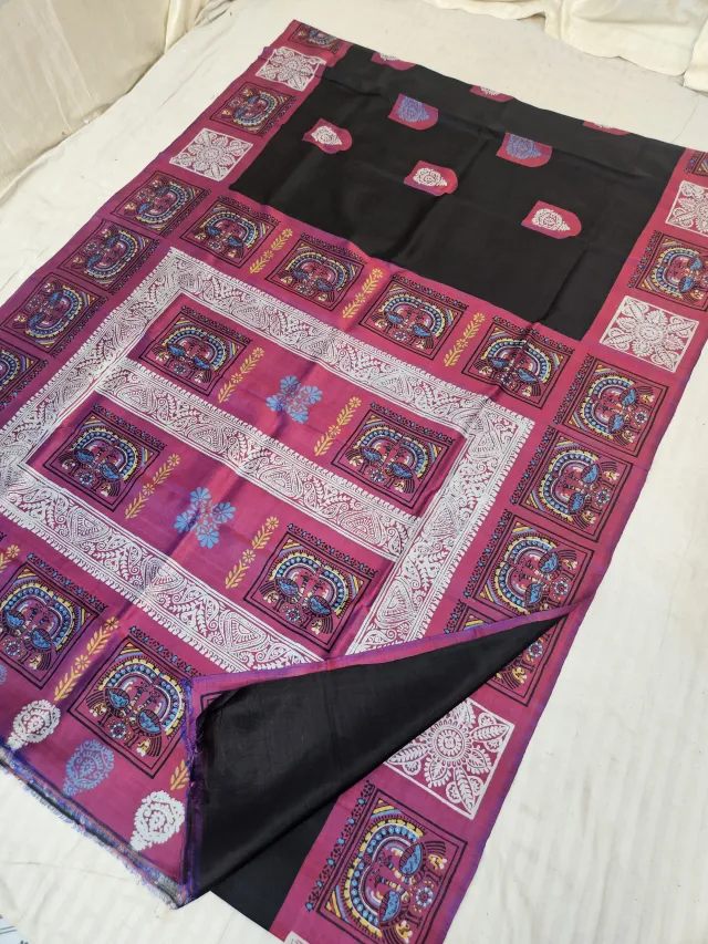 Jet Black & Magenta Plum Pure Bishnupur Katan Silk Saree with Jamini Roy Folk Bird Art Print & Woven Kalka Butas