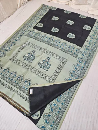 Jet Black & Sage Green Pure Bishnupur Katan Silk Saree with Jamini Roy Folk Musician Print & Mehrab Butas