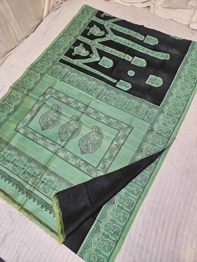 Jet Black & Mint Green Pure Bishnupur Katan Silk Saree with Jamini Roy Folk Kalka & Village Narrative Print