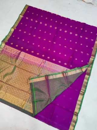 Royal Magenta Purple Ratnagiri Pure Silk Saree with All-Over Zari Diamond Butas & Green Contrast Brocade Border