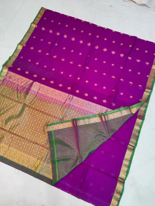 Royal Magenta Purple Ratnagiri Pure Silk Saree with All-Over Zari Diamond Butas & Green Contrast Brocade Border