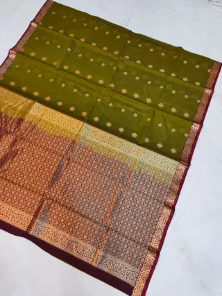 Olive Green Ratnagiri Pure Silk Saree with All-Over Zari Diamond Butas & Maroon Contrast Brocade Border