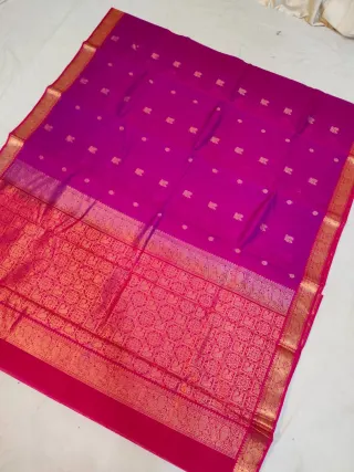 Rani Pink Ratnagiri Pure Silk Saree with All-Over Zari Diamond Butas & Heavy Floral Brocade Pallu