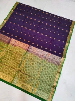 Deep Royal Purple Ratnagiri Pure Silk Saree with All-Over Zari Diamond Butas & Green Contrast Brocade Border