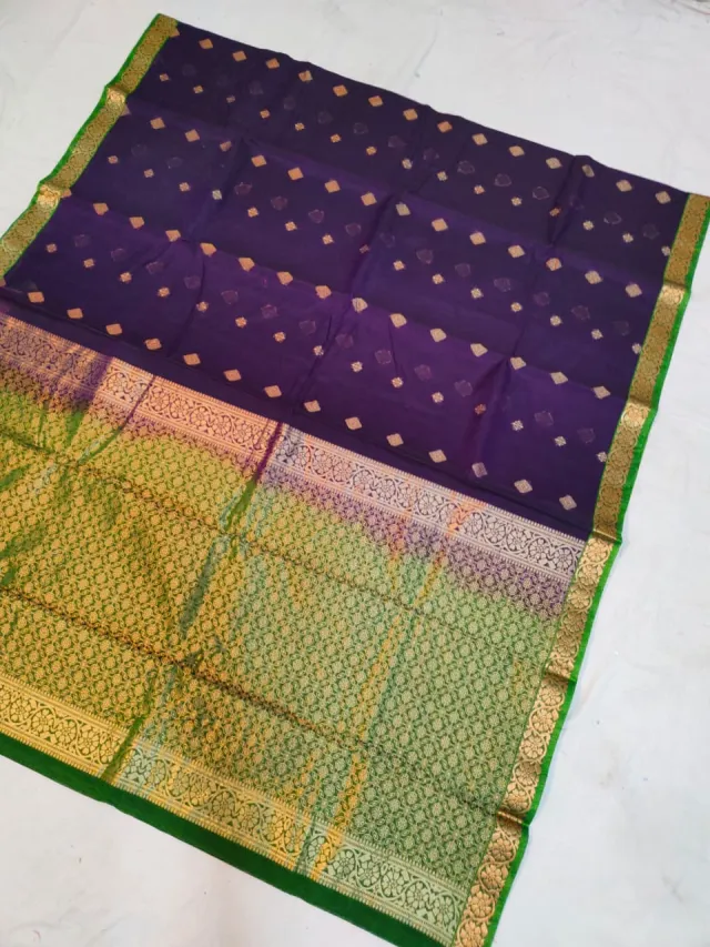 Deep Royal Purple Ratnagiri Pure Silk Saree with All-Over Zari Diamond Butas & Green Contrast Brocade Border