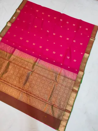 Cherry Pink Ratnagiri Pure Silk Saree with All-Over Zari Diamond Butas & Olive Green Contrast Brocade Border