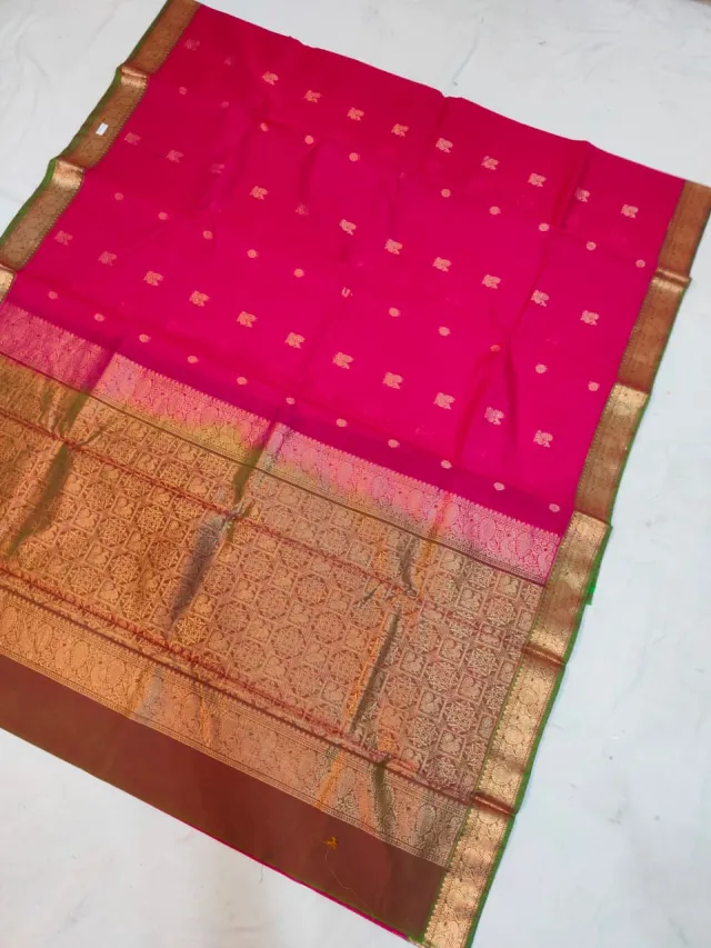 Cherry Pink Ratnagiri Pure Silk Saree with All-Over Zari Diamond Butas & Olive Green Contrast Brocade Border