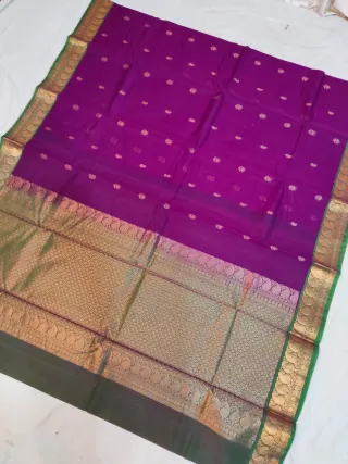 Royal Purple Ratnagiri Pure Silk Saree with All-Over Zari Butas & Green Contrast Brocade Kalka Border