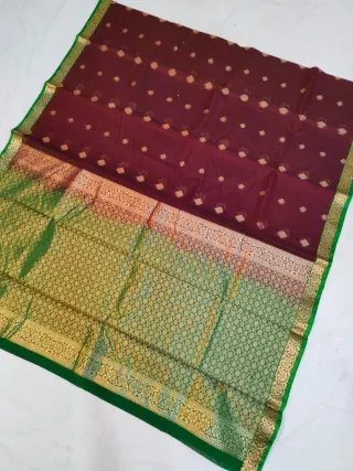 Deep Maroon Ratnagiri Pure Silk Saree with All-Over Zari Diamond Butas & Green Contrast Brocade Border