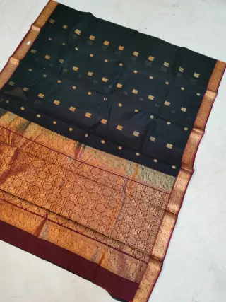 Midnight Black Ratnagiri Pure Silk Saree with All-Over Zari Diamond Butas & Maroon Contrast Brocade Border