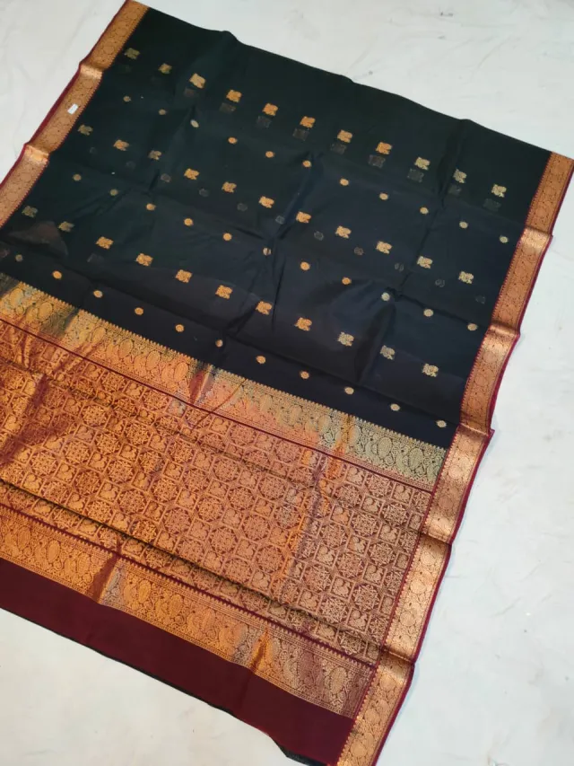 Midnight Black Ratnagiri Pure Silk Saree with All-Over Zari Diamond Butas & Maroon Contrast Brocade Border