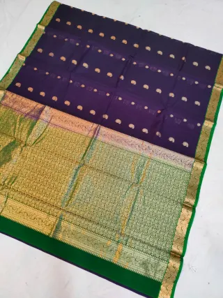 Deep Royal Purple Ratnagiri Pure Silk Saree with All-Over Zari Paisley Butas & Green Contrast Brocade Kalka Border