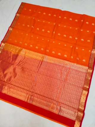 Marigold Orange Ratnagiri Pure Silk Saree with All-Over Zari Paisley Butas & Red Contrast Brocade Border