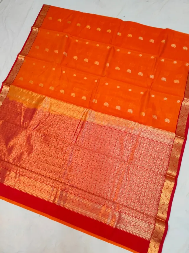 Marigold Orange Ratnagiri Pure Silk Saree with All-Over Zari Paisley Butas & Red Contrast Brocade Border
