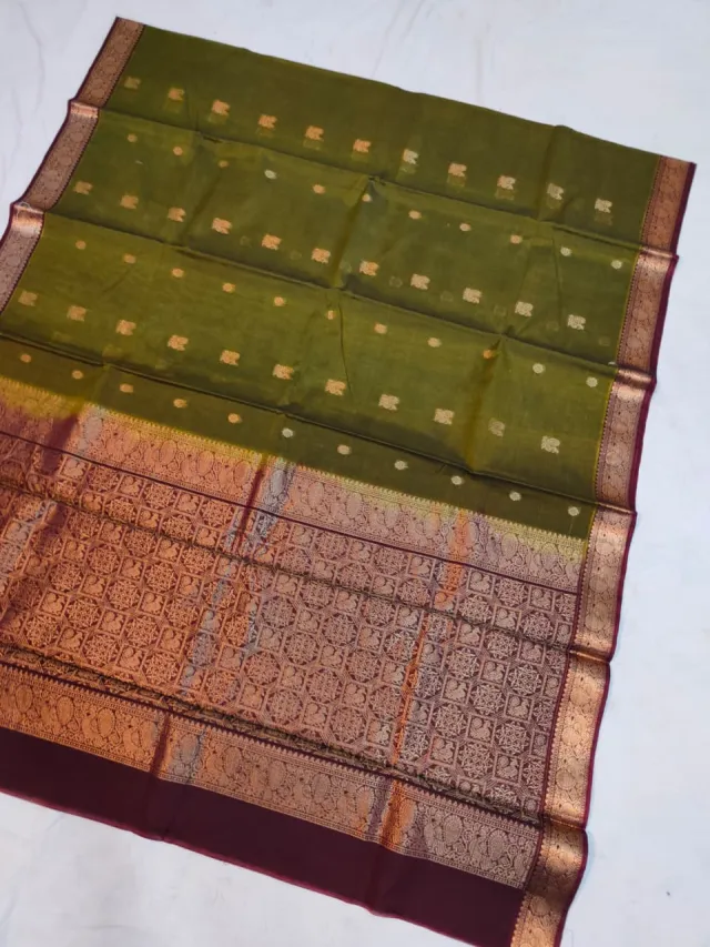 Moss Olive Green Ratnagiri Pure Silk Saree with All-Over Zari Diamond Butas & Maroon Contrast Brocade Pallu