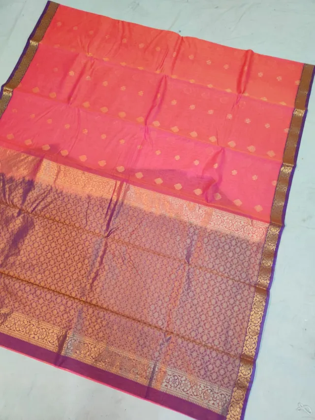 Warm Pink Ratnagiri Pure Silk Saree with All-Over Zari Diamond Butas & Purple Contrast Brocade Border