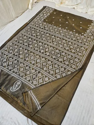 Bronze Olive Green Blended Bangalore Silk Saree with All-Over White Gujarati Stitch Lattice & Embroidered Pallu