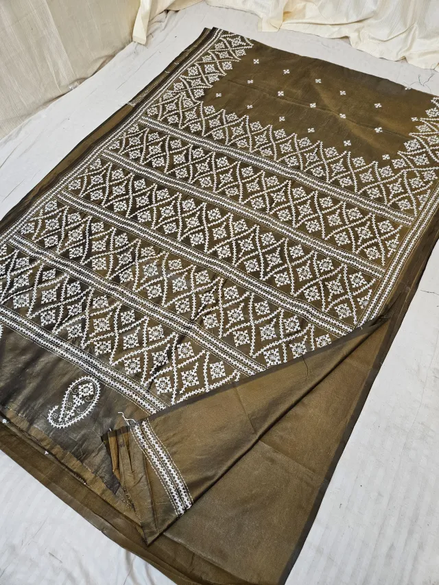 Bronze Olive Green Blended Bangalore Silk Saree with All-Over White Gujarati Stitch Lattice & Embroidered Pallu