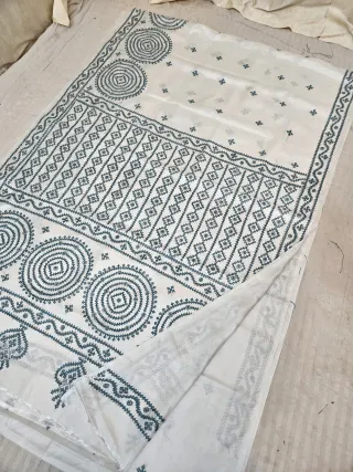 Ivory White Blended Bangalore Silk Saree with Teal Blue Gujarati Stitch Mandala Medallions & Embroidered Pallu