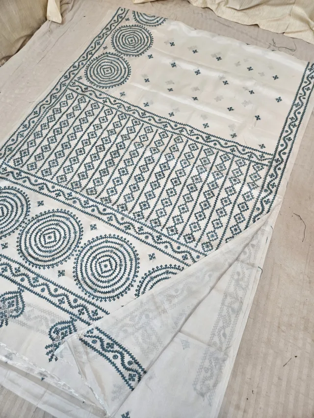Ivory White Blended Bangalore Silk Saree with Teal Blue Gujarati Stitch Mandala Medallions & Embroidered Pallu
