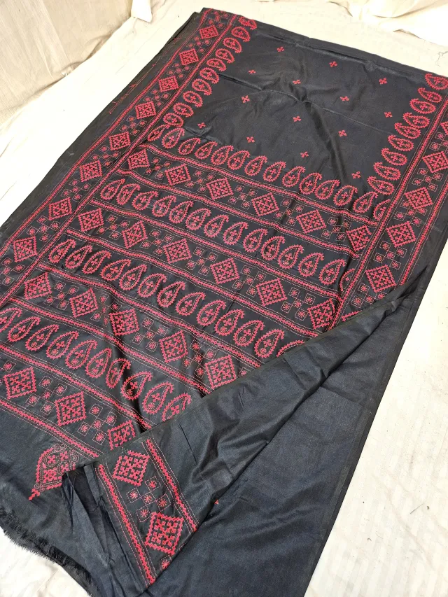 Jet Black Blended Bangalore Silk Saree with Crimson Red Gujarati Stitch Paisley Scrolls & Embroidered Pallu
