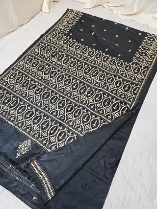 Jet Black Blended Bangalore Silk Saree with Golden Beige Gujarati Stitch Oval Lattice & Embroidered Pallu