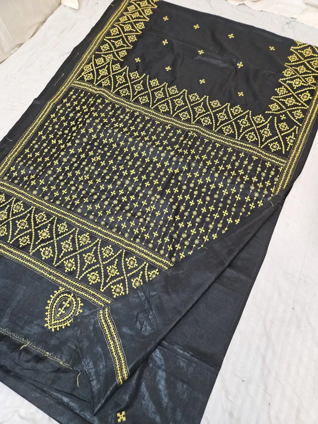 Jet Black Blended Bangalore Silk Saree with Bright Yellow Gujarati Stitch Diamond Lattice & Embroidered Pallu