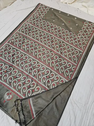 Bronze Olive Green Blended Bangalore Silk Saree with White & Red Gujarati Stitch Paisley Swirls & Embroidered Pallu