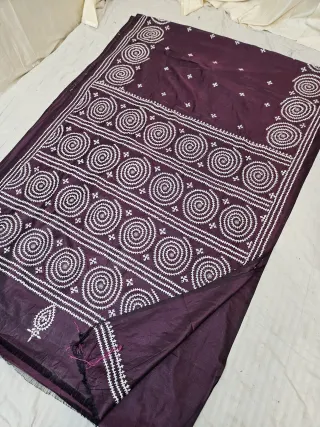 Royal Plum Blended Bangalore Silk Saree with All-Over White Gujarati Stitch Circular Mandalas & Embroidered Pallu