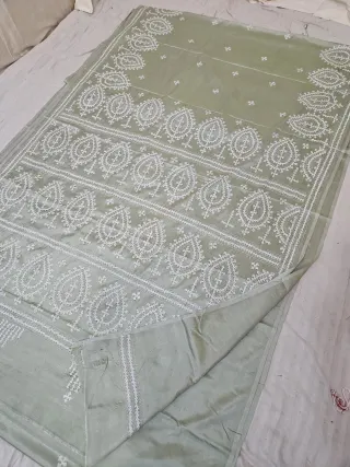 Sage Green Blended Bangalore Silk Saree with All-Over White Gujarati Stitch Paisley Medallions & Embroidered Pallu