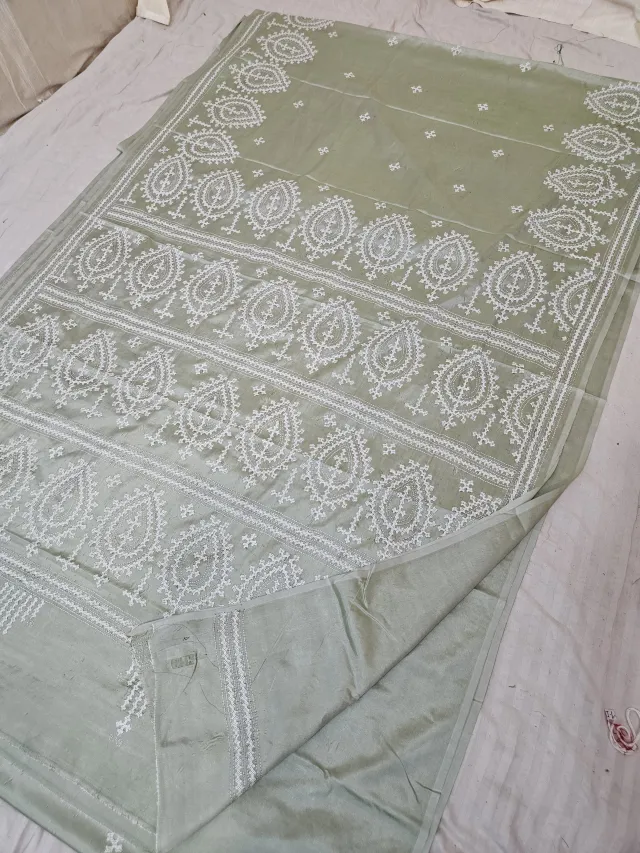 Sage Green Blended Bangalore Silk Saree with All-Over White Gujarati Stitch Paisley Medallions & Embroidered Pallu