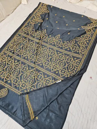 Jet Black Blended Bangalore Silk Saree with Mustard Yellow Gujarati Stitch Diamond Lattice & Embroidered Pallu