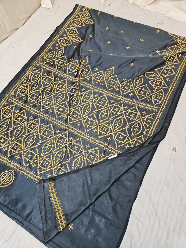 Jet Black Blended Bangalore Silk Saree with Mustard Yellow Gujarati Stitch Diamond Lattice & Embroidered Pallu