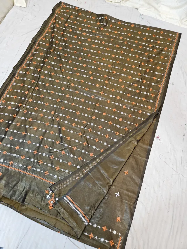 Bronze Olive Green Blended Bangalore Silk Saree with White & Orange Gujarati Stitch Linear Stripes & Embroidered Pallu
