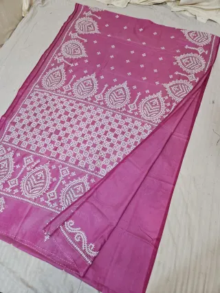 Rose Pink Blended Bangalore Silk Saree with All-Over White Gujarati Stitch Checkerboard Grid & Leaf Medallion Pallu