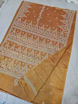 Mustard Amber Blended Bangalore Silk Saree with All-Over White Gujarati Stitch Paisley Medallions & Embroidered Pallu