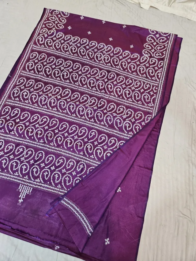 Royal Magenta Purple Blended Bangalore Silk Saree with All-Over White Gujarati Stitch Paisley Registers & Embroidered Pallu