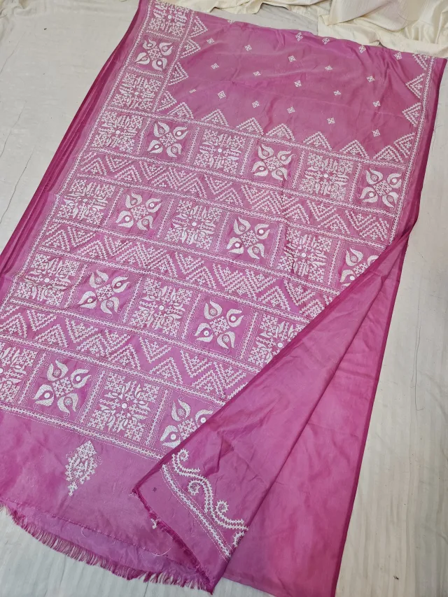Rose Pink Blended Bangalore Silk Saree with All-Over White Gujarati Stitch Maika Chequerboard & Embroidered Pallu