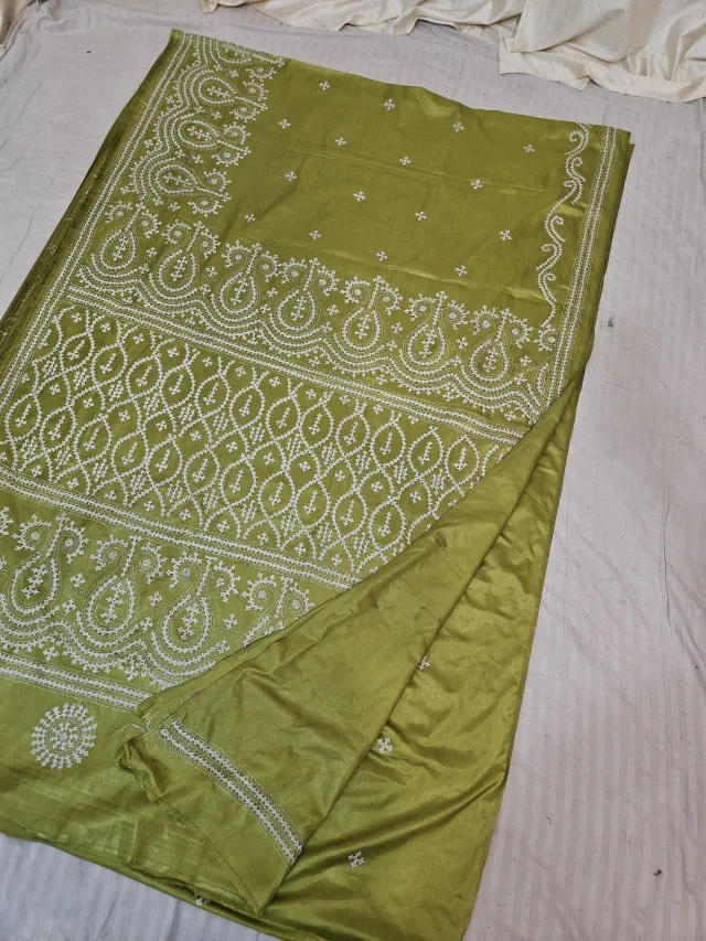 Lime Green Blended Bangalore Silk Saree with All-Over White Gujarati Stitch Oval Lattice & Embroidered Pallu